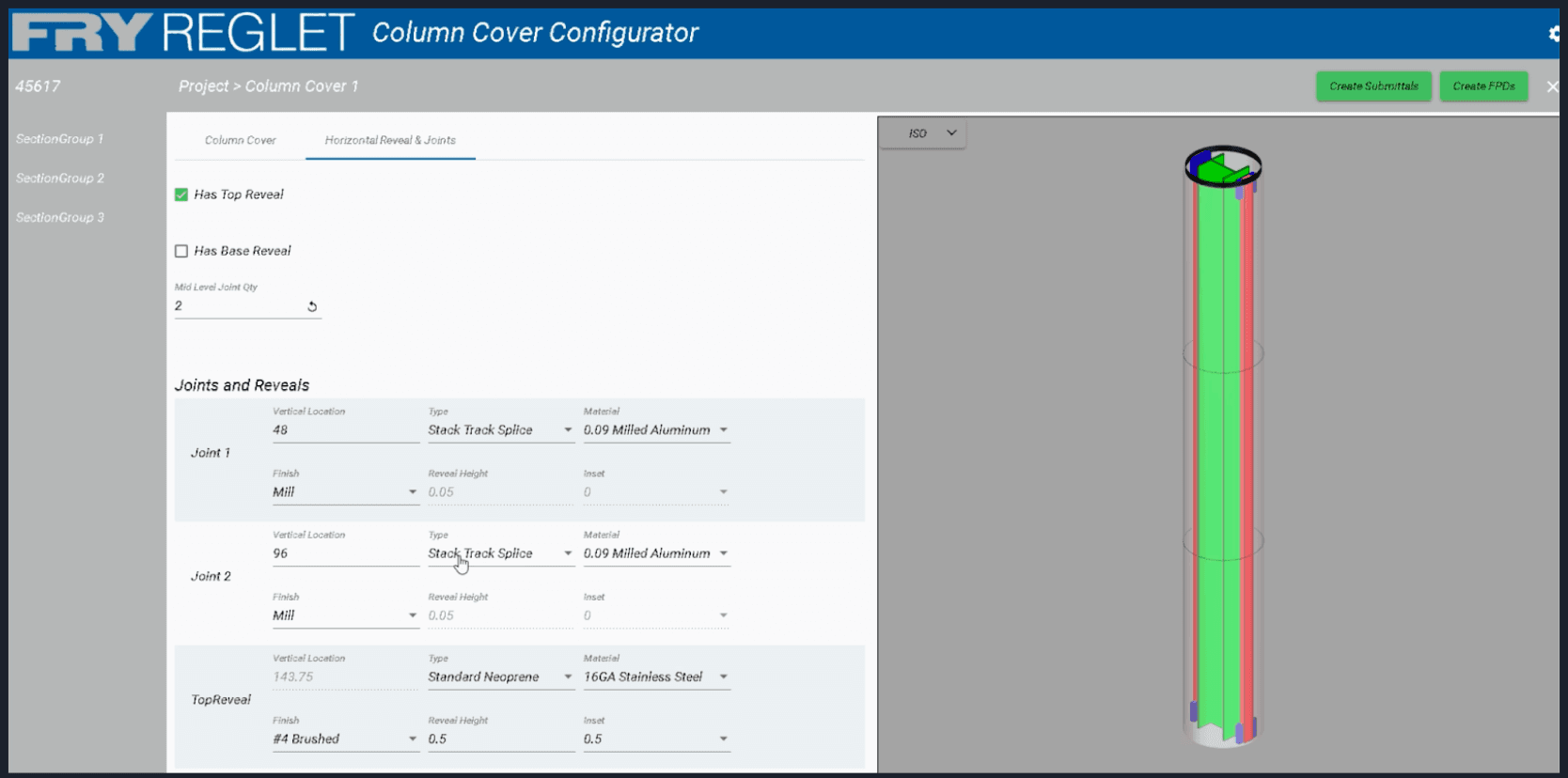 Fry Reglet Column Cover Configurator UI